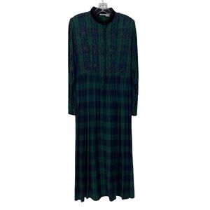 STYLEWORKS Sz 10 Dress Blackwatch Plaid Black Velvet Collar Embroidered Buttons